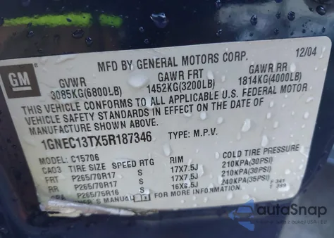 2005 Chevrolet Tahoe Z71 из США, поврежденный, VIN 1GNEC13TX5R187346